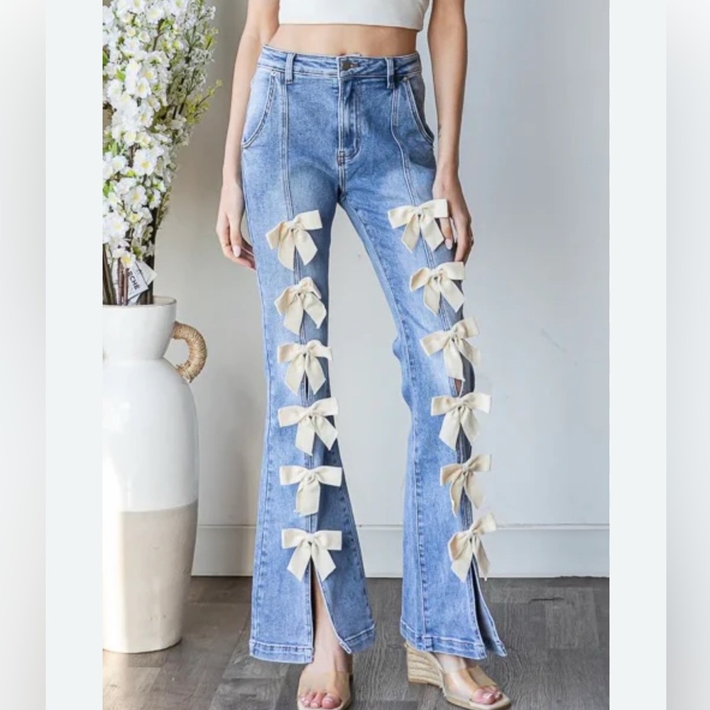 Oli & Hali Blue Denim Wide Leg Jeans with White Bow Accents - Picture 6 of 9